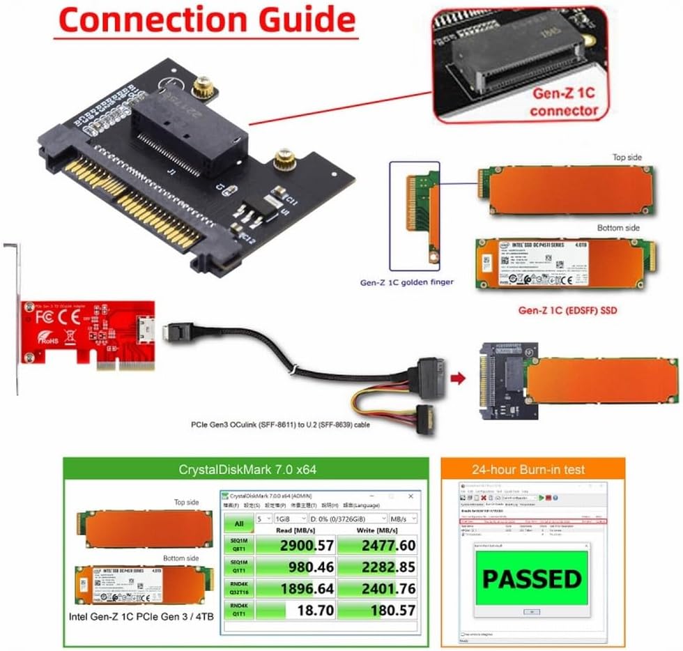 CY Adapter U.2 SFF-8639 Host Adapter to NVMe Ruler 1U GEN-Z 1C 4X EDSFF Short SSD P4511 E1.S Carrier Adapter, BLACK, SF-072-1C-HX