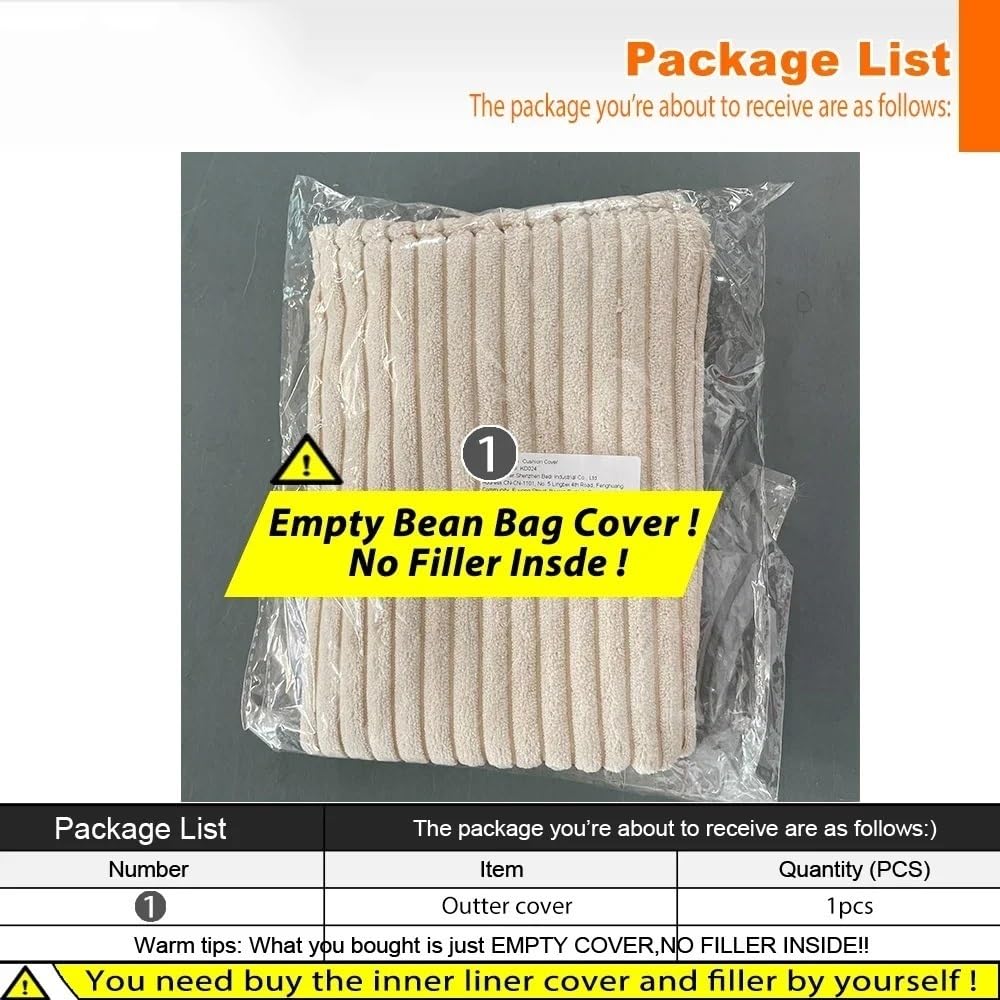 SXBCyan Sitzsack-Bezug Dicker Cord (Ohne Füllung), 1-sitziger Sitzsack-Stuhl, Weicher Pouf, Ottomane, Kinder-Erwachsene-Sitzsack-Stuhl, Fauler Sessel, Couch, Bodenbestuhlung(Beige White,2 in 1 Cover)