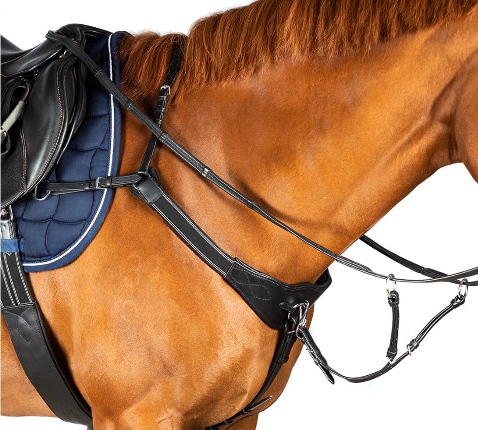 Pettorale elastico a 3 punti con imbottitura in gel, anelli martingala rimovibili, pelle marrone (nero, pony)