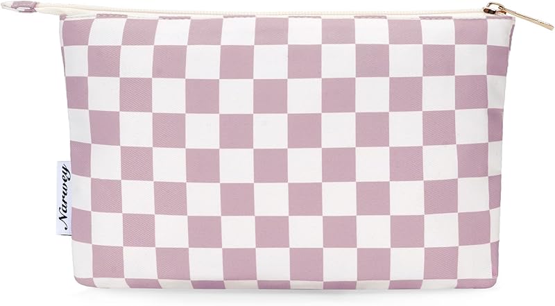 Necessaire de maquiagem Narwey com zíper, estampa xadrez Dusty Rose Checkerboard, 23 x 16,5 x 4 cm