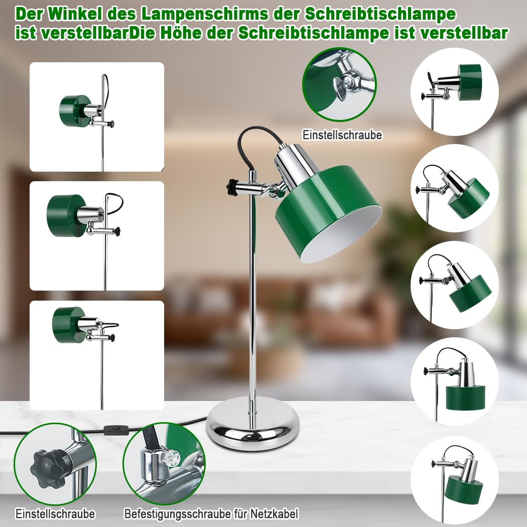Schreibtischlampe E27,Verstellbarer Lampenschirm,Schreibtischlampe Retro | Grün Lampenschirm,Silber Base,Höhenverstellbar,Tischlampe Chrom,Schlafzimmer Büro Lernen,Vintage Nachttischlampe Leselampe
