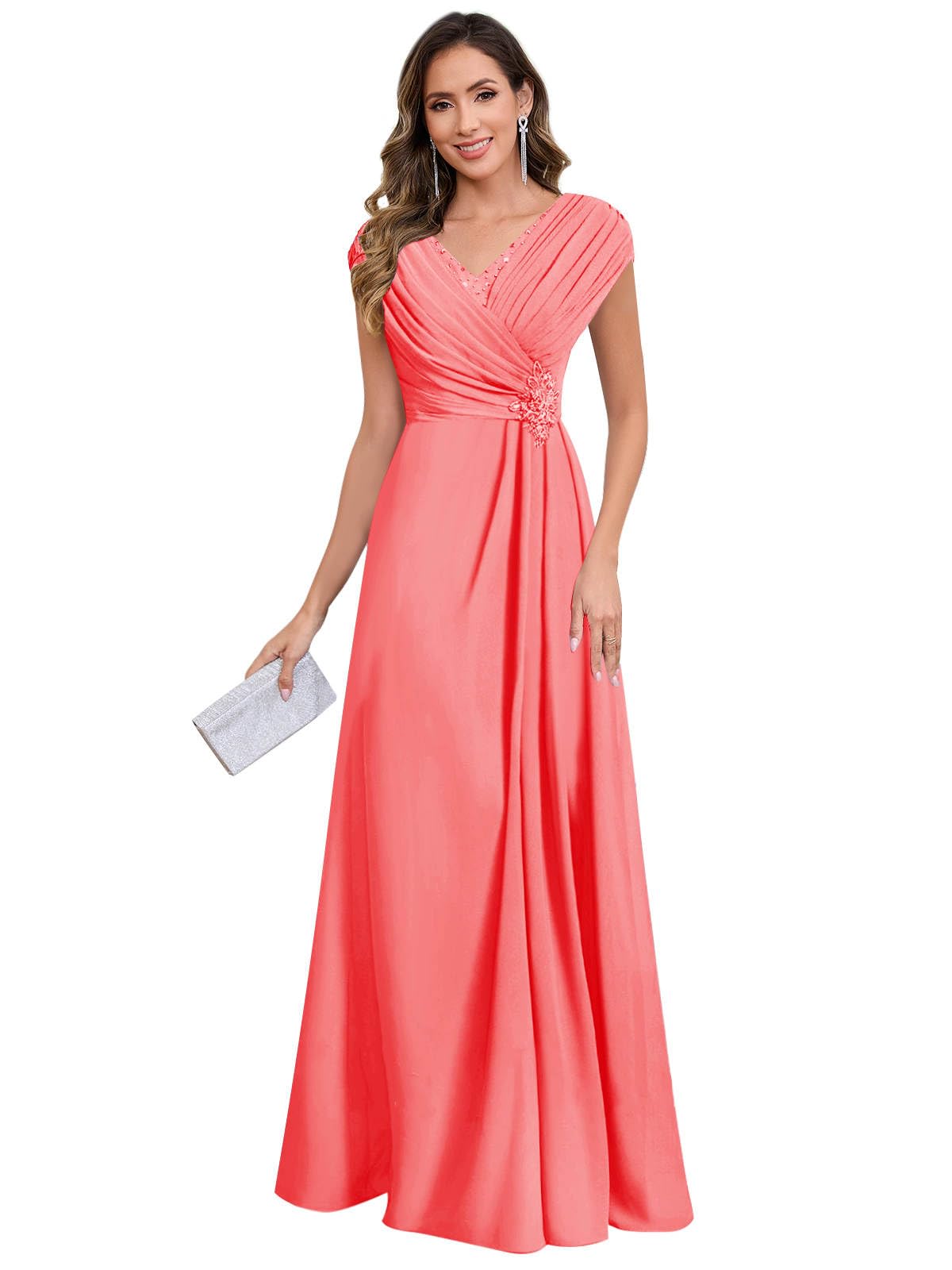 GUKARLEED Womens Cap Sleeve Pleated Mother of The Bride Dresses Chiffon Lace Appliques V Neck Wedding Guest Formal