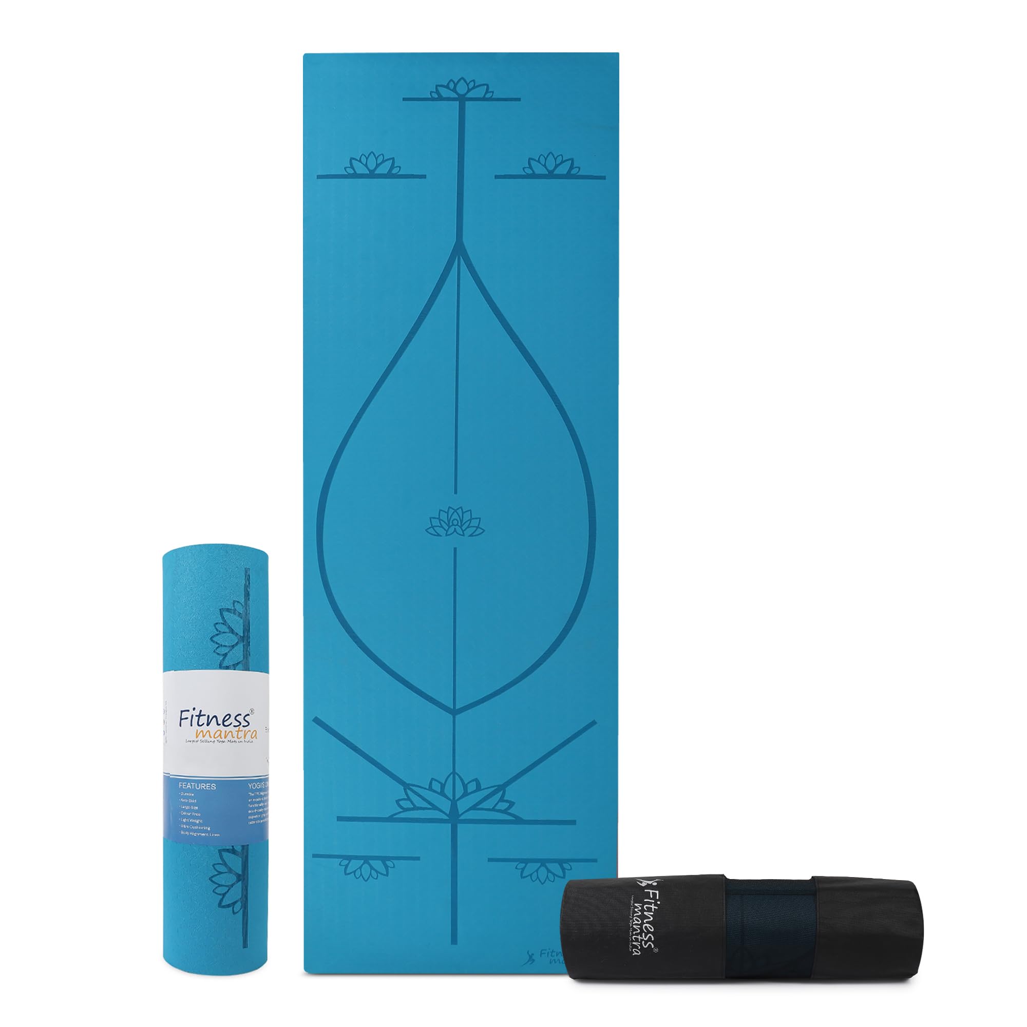 Fitness Mantra® TPE 6mm Body Alignment Lines Yoga Mat with Cover Bag for Gym Workout and Yoga Exercise for Men & Women Fitness| 1 Piece| 6mm| 24"x72"| Alignment Lines | Teal Color|-image-33
