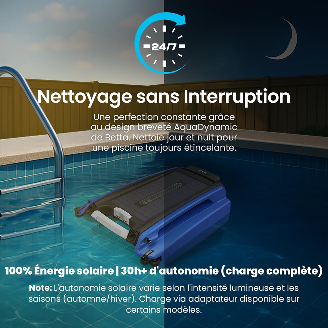 Betta SE Robot Nettoyeur Skimmer Solaire de Surface Piscine, Autonomie 30h, Moteurs Résistants Sel/Chlore, Anti-Obstacle Intelligent, Nettoyage Automatique 24/7 - Bleu