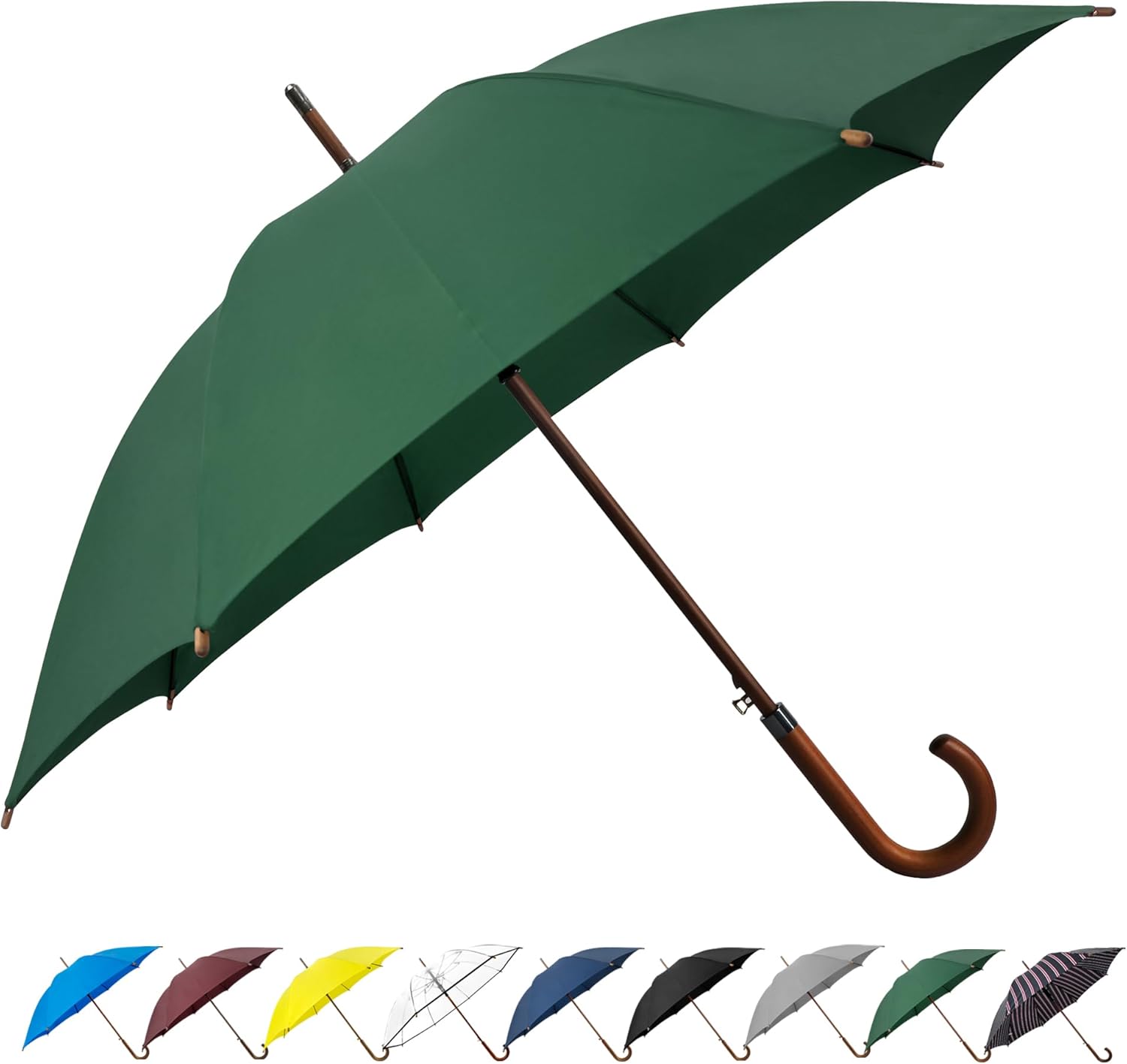 SoulRain 48" Large Umbrella –Windproof Stick Umbrellas for Rain, Automatic Open, Vintage Cane green Umbrella with Classic Wooden Handle & Shaft,for Women & Men(Green)