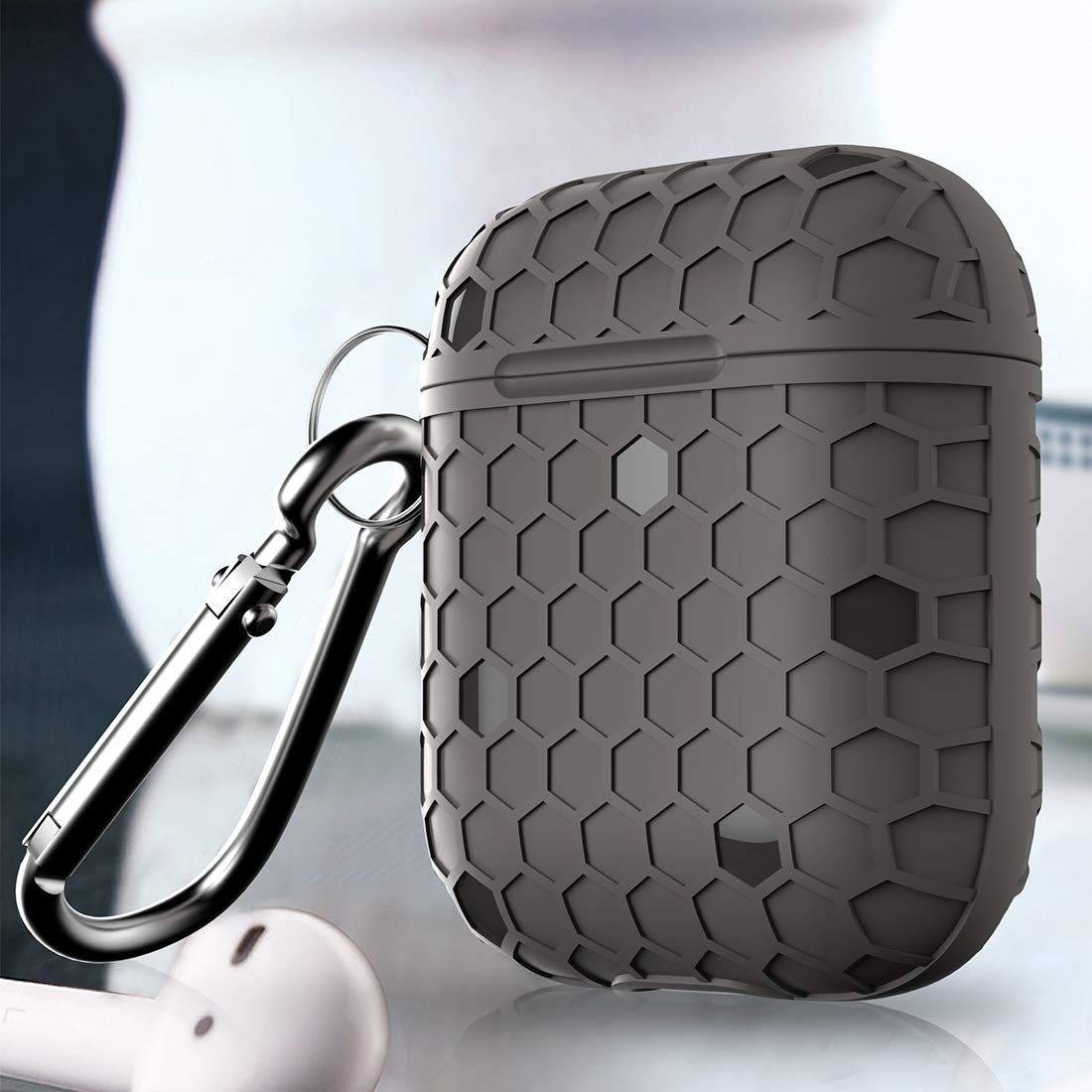 JHMJHM Wireless Bluetooth Earphone Accessorry HX-0010-ZQW Anti-fall TPU Football Texture Wireless Bluetooth Earphone Protective Case for Apple AirPods 1, with Hang Buckle (Black) Protective Case Film