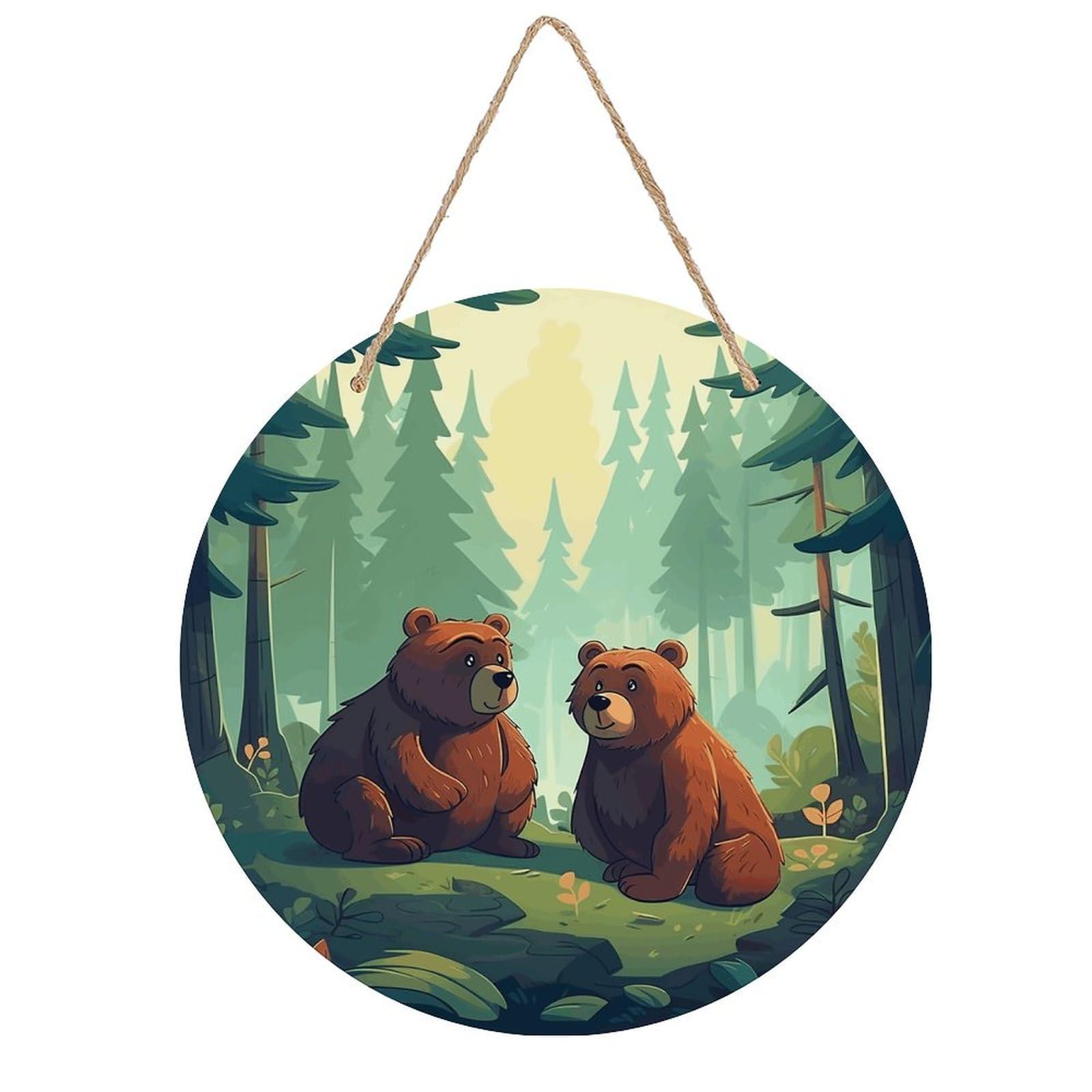 FekiLoot Hand Drawn Bear Wall Art Decor Round Wood Hanging Sign Decoration Wooden Circle Door Sign Round Hanging Decorative Wood Plaque Door Hanger for Home Outdoor Indoor Decoration