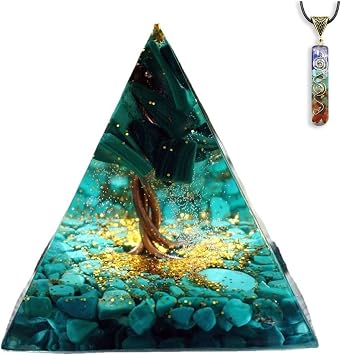 Meditation Orgone Pyramid Crystals Malachite Turquoise Orgone Pyramid Protection, Tree of Life Symbol Orgonite Crystal Pyramid Home Decor