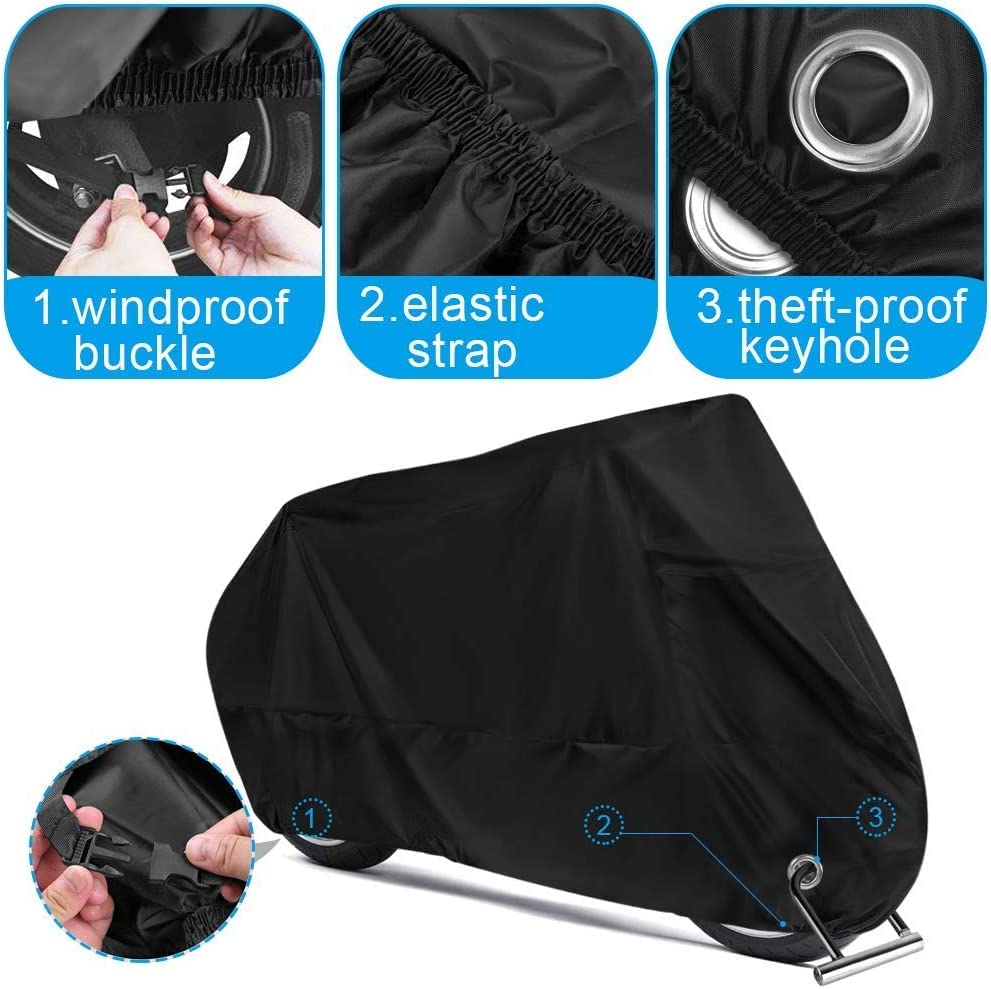unibelin Housse de Protection Moto Couverture Imperméable 190T Housse de Moto Couverture la Pluie, la Neige, la poussière, Anti-UV Couvre-Moto pour Moto Scooter avec Sac 245 * 105 * 125cm - Noir - Image 7