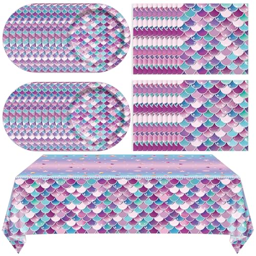 Zoiiwa 41Pcs Mermaid Themed Paper Plates And Napkins Party Decorations Tableware Set Includes 20 Party Plates 20 Napkins And 1 Tablecloth For Girls Kids Mermaid Birthday Party Decor Supplies cover