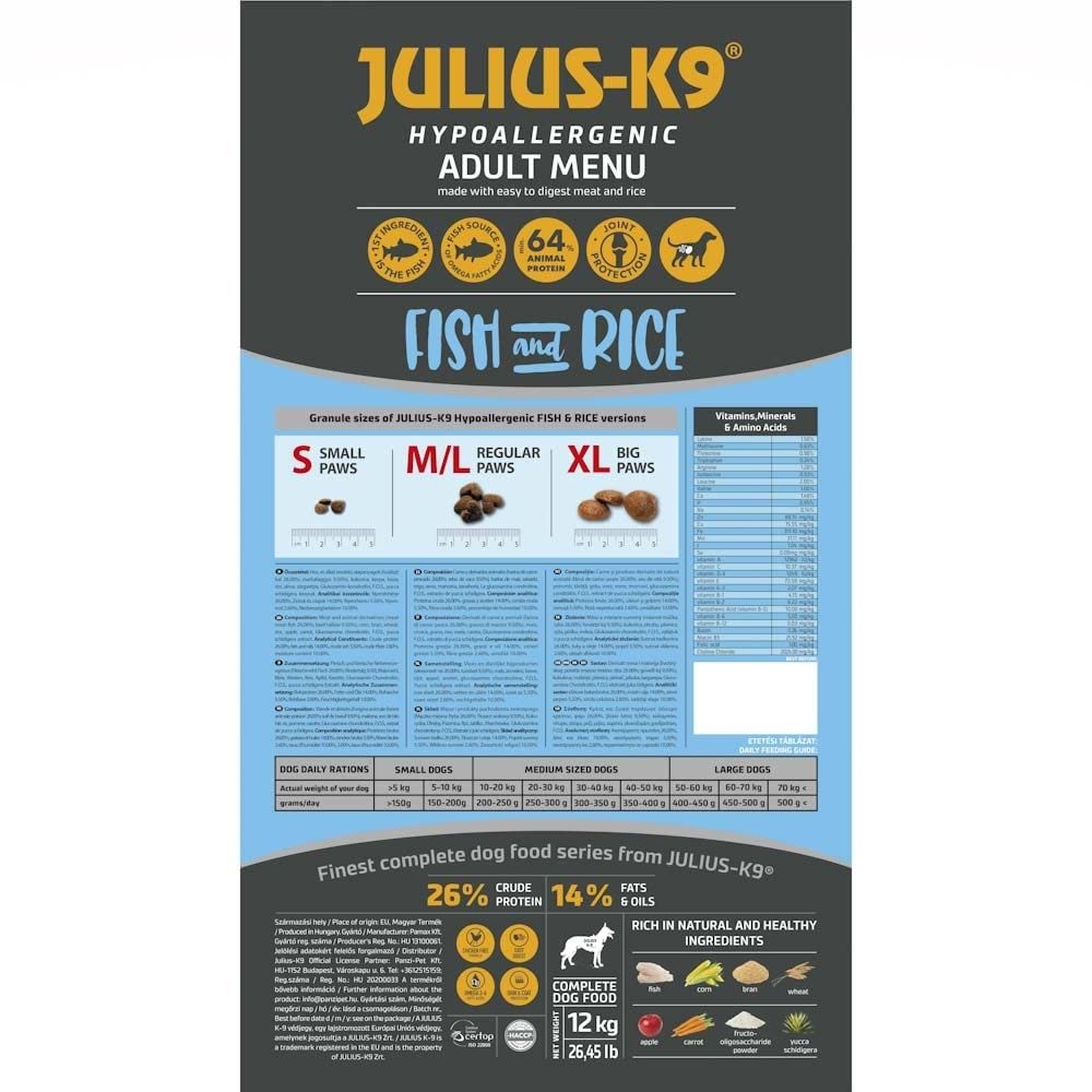 Julius-K9 - Fish & Rice - Hipoalergiczna karma dla psów dla dorosłych psów – kawałki psów na bazie łososia i ryżu – nadaje się do wszystkich ras – 12 kg
