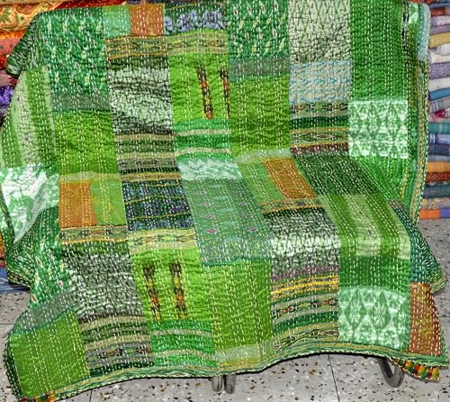 Marusthali indian handmade quilts reversible kantha blanket silk sari patchwork lightweight quilt queen twin patola bedspread throws bed cover (Baby 50 X 70 Inches, Green)