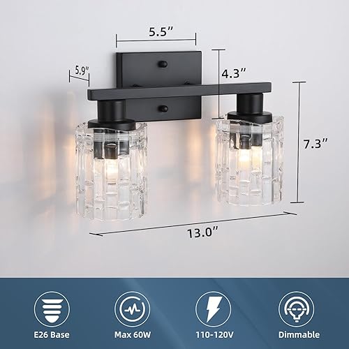 Miniatura 4 de huong son 2 luces de tocador de baño negro mate sobre espejo, iluminación moderna con pantalla de cristal de cristal, accesorios de montaje en