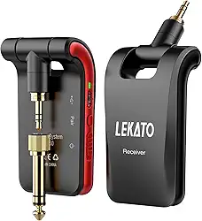 LEKATO Sistema de guitarra sem fio de 2,4 GHz, 6 canais, transmissor de áudio recarregável, sem fio, para instrumentos elétricos de guitarra e baixo, estéreo, plugues 2 em 1 (preta)