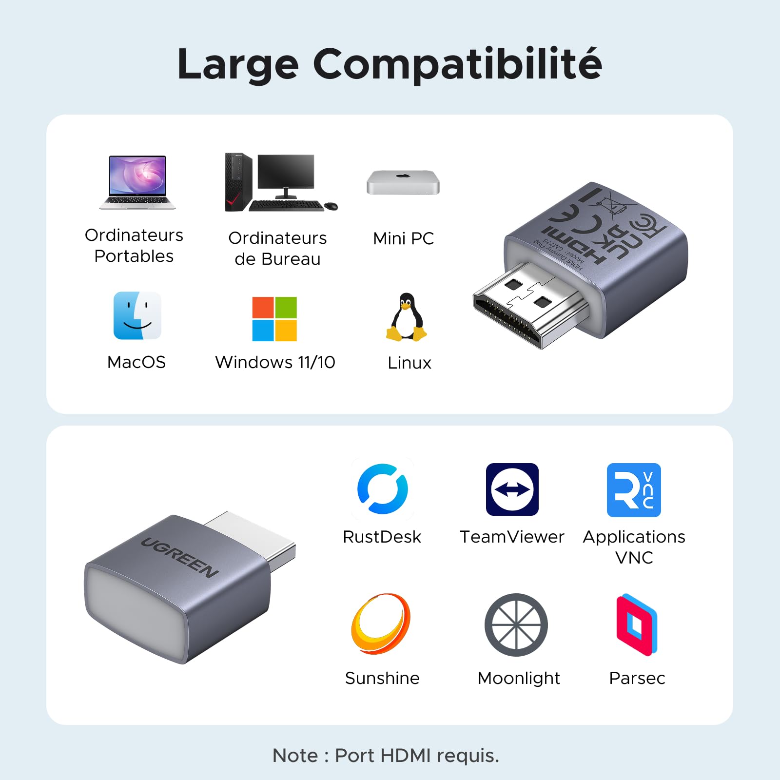 UGREEN Lot de 4 HDMI Dummy Plug 4K 60Hz 1080P Headless Ghost EDID Émulateur d'Affichage HDCP Compatible avec Macbook Pro PC Laptop Moniteur Streaming Jeux Travail à Distance Windows Mac OSX Linux