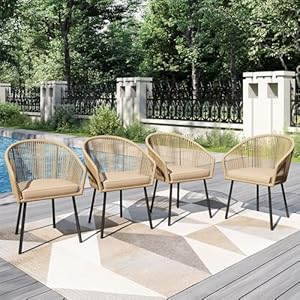 PHI VILLA Gartenstühle 4er Set, Rattansessel Gartensessel Balkonstuhl Outdoor Sessel Loungesessel, Wetterfest Terrassenstühle mit Kissen & E-Beschichtung Metall für Hinterhof Balkon Terrasse, Beige