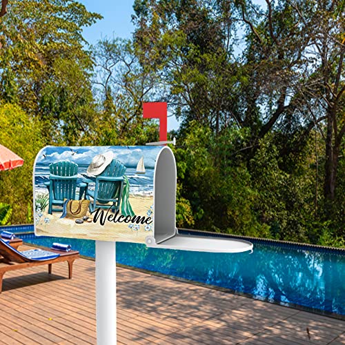 Image of Welcome Summer Sea Beach Mailbox Cover Magnetic Standard Size 20.5 inch x 18 inch, Ocean Seagull Sailboat Chairs Decorative Post Letter Box Wrap Decor Coastal Nautical Garden Yard Outdoor Decoration