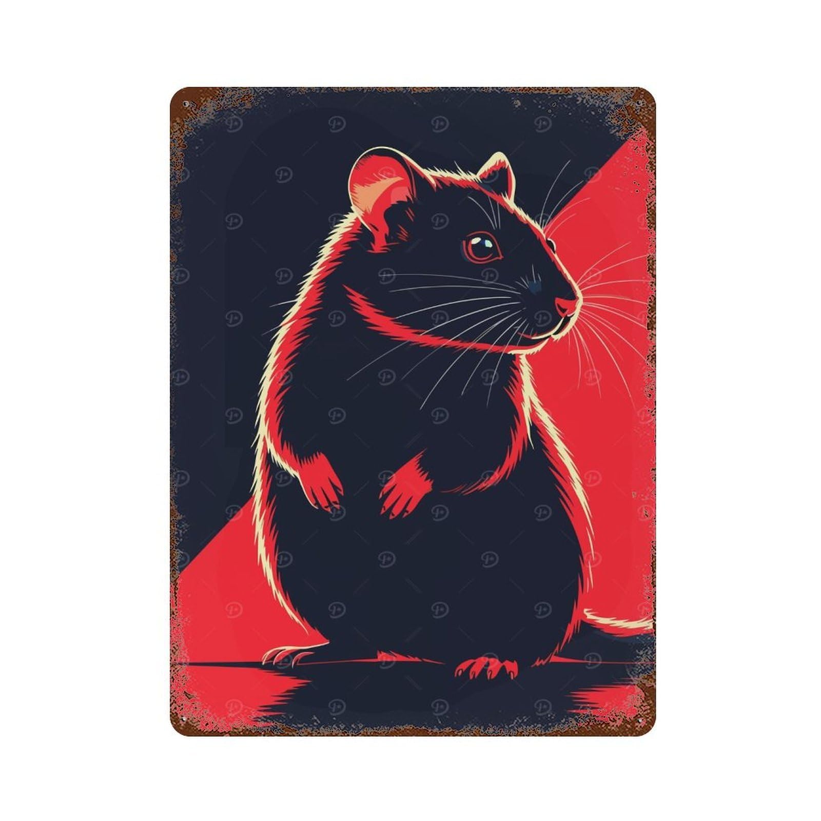 Aged Metal Wall Plaque with Stylized Rat Illustration in Red And Black Design 15.7"x11.8", for Cafe, Home Bar And Lounge Decor, Novelty Wall Decor