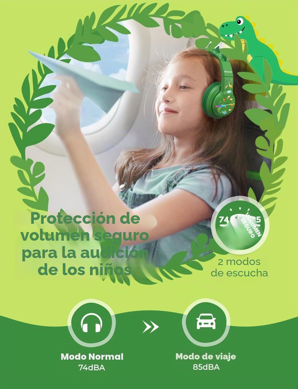 iClever BTH12 - Auriculares Bluetooth para niños, luces LED coloridas, inalámbricos, volumen seguro, tiempo de reproducción de 85 horas, Bluetooth 5.2