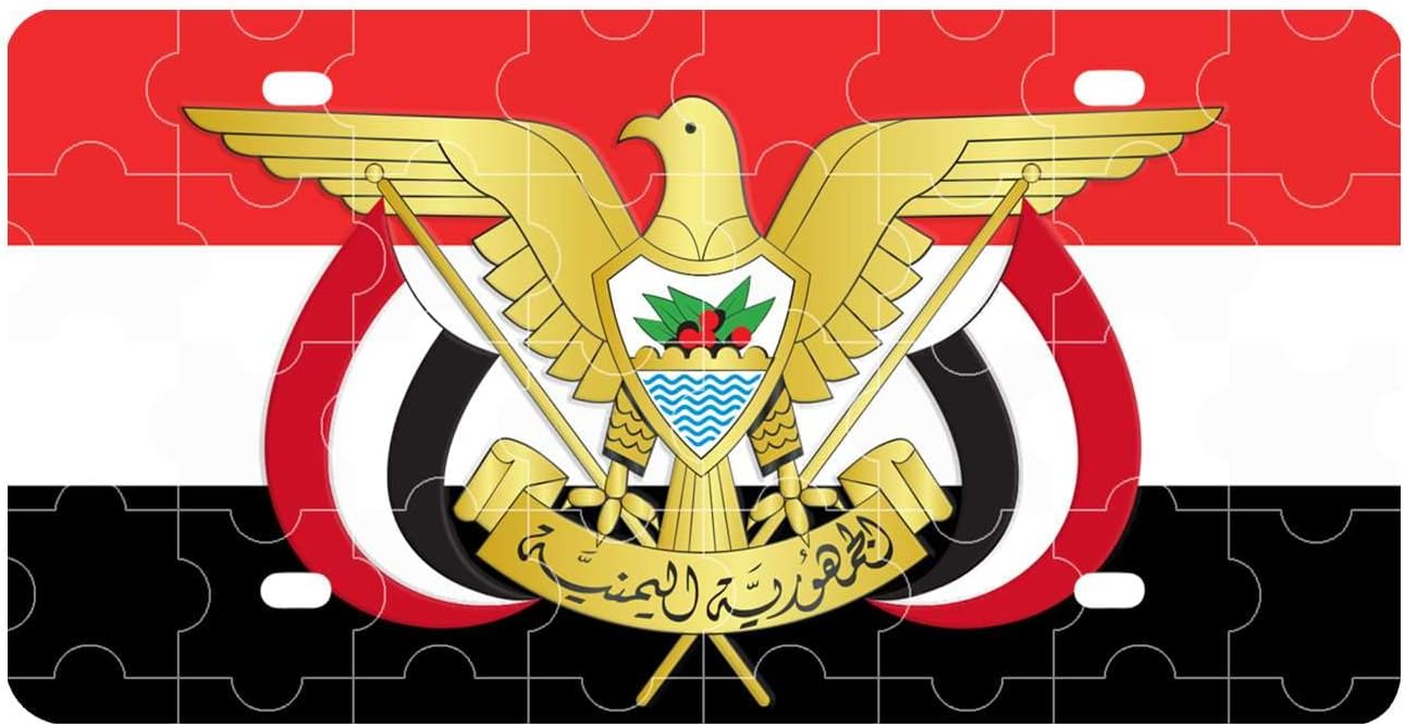 PUNUTSYemen Flag License Plate Frame National Emblem Jigsaw Puzzles Cover with Screw Cap