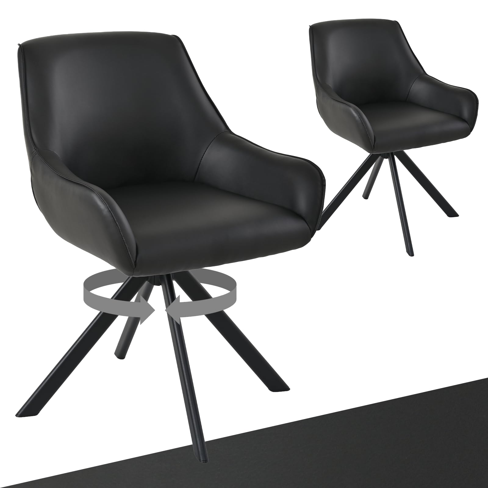 Goeurvant Swivel Dining Chairs Set of 2 with Armrests, 360° Swivel Upholstered Chairs, Kitchen Chair with Metal Frame and Backrest for Dining Room,Living Room,Office, Black-PU