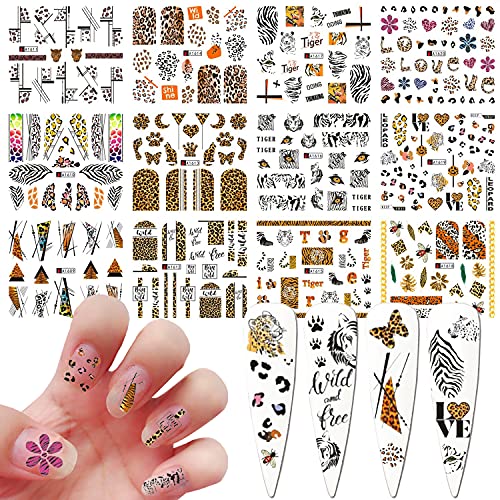 Leopard Nail Stickers Animal Nail Art Water Decals Transfer Foils Nail Art Supplies Tiger Bee Flowers Butterfly Heart Sliders Sticker for Leopard Nail Set Design DIY Nail Art Manicure Decoration 12PCS