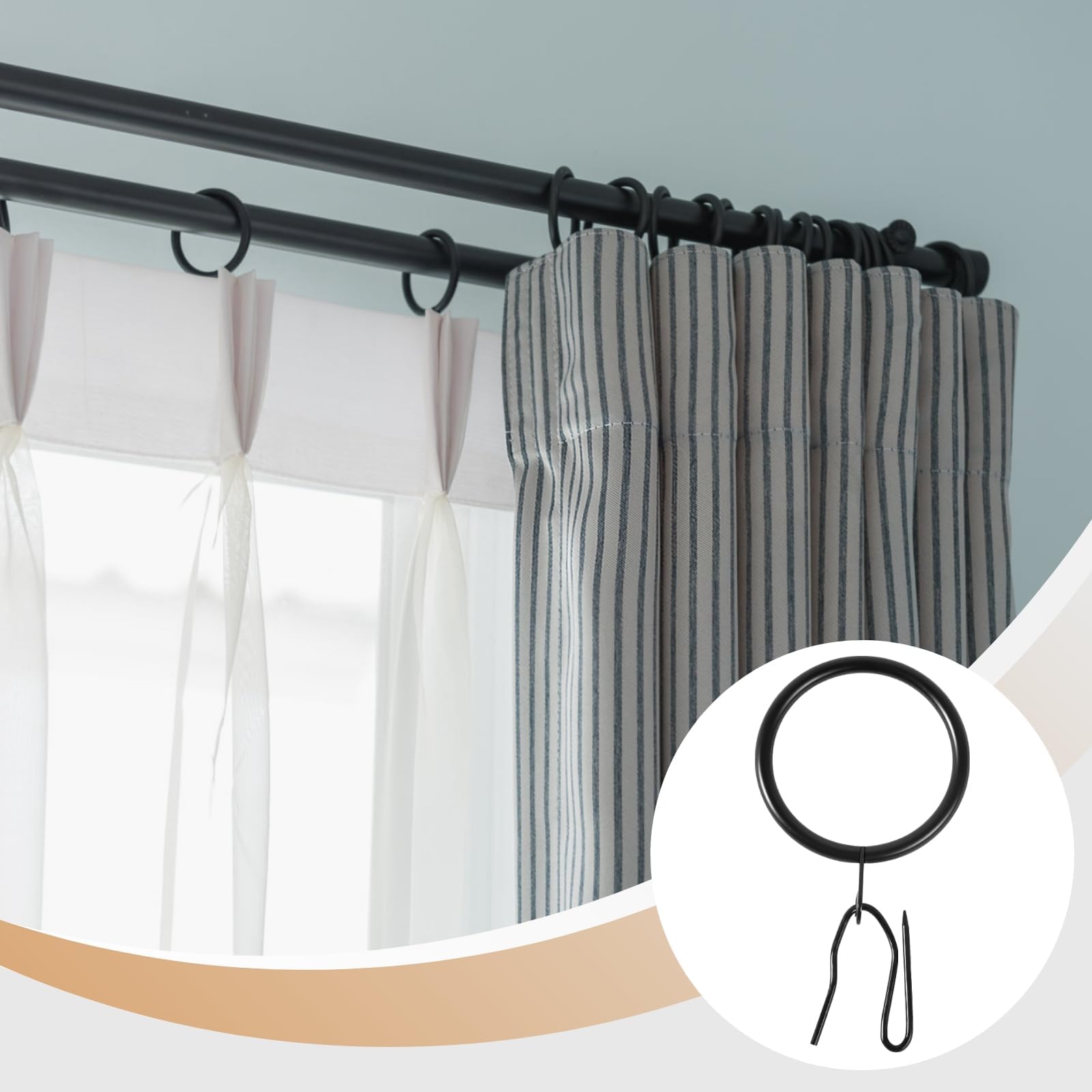 Bosreroy 60 Black Curtain Rings with Hooks, Heavy Duty Metal Drapery Clips with Sharp Hooks, Roman-Style Rings with Eyelets for Window & Shower Curtains
