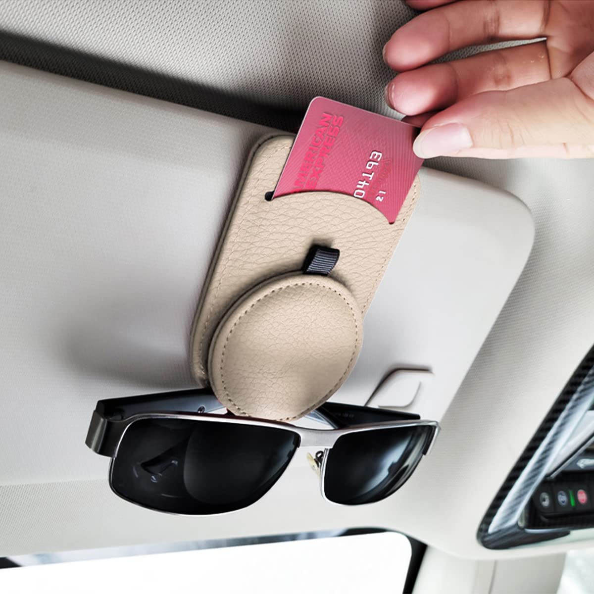 SEAMETAL Porta occhiali magnetico per visiera parasole Porta occhiali da sole in pelle PU premium Porta carte con clip Porta occhiali da vista sospesi stabili  34