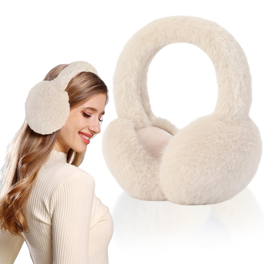 JynkChrenzic Fluffy Ear Muffs Women,Winter Ear Muffs Adjustable Faux Fur Ear Warmer Warm Windproof Plush Earmuffs Foldable