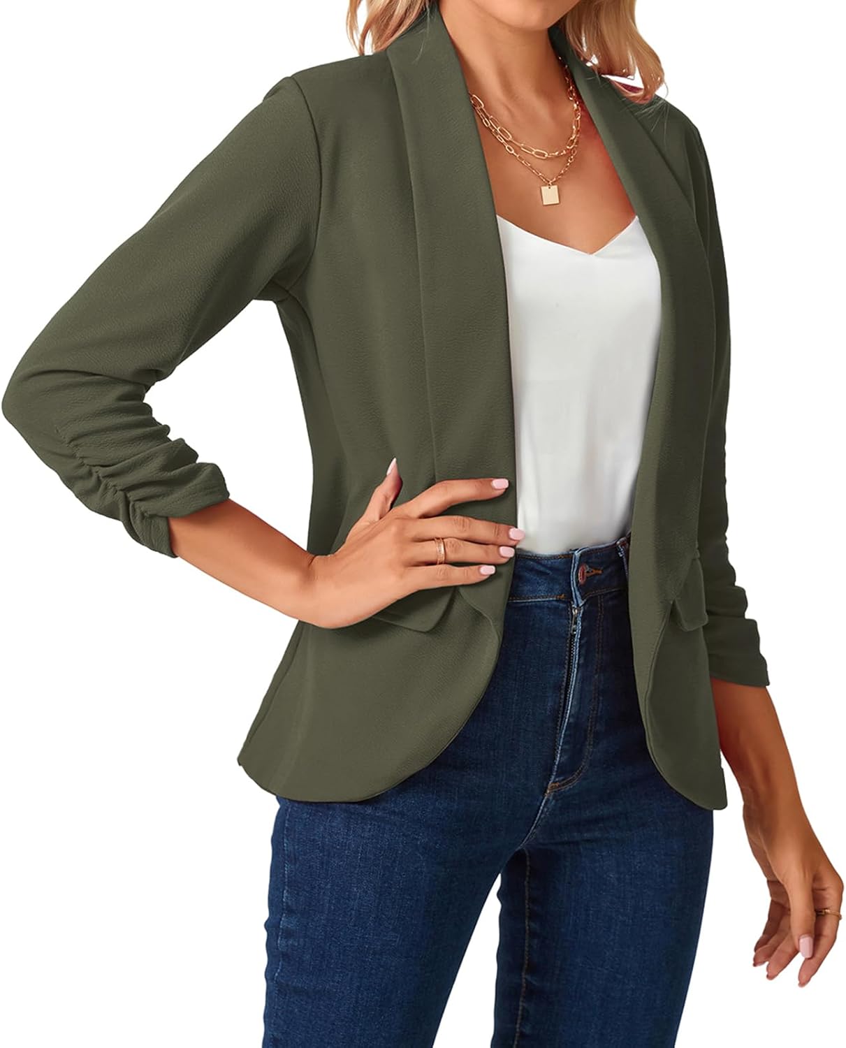 MINTLIMIT Womens Blazer 3/4 Ruched Sleeve Shawl Collar Business Work Blazers Open Front Casual Jackets with Pockets - Image 5