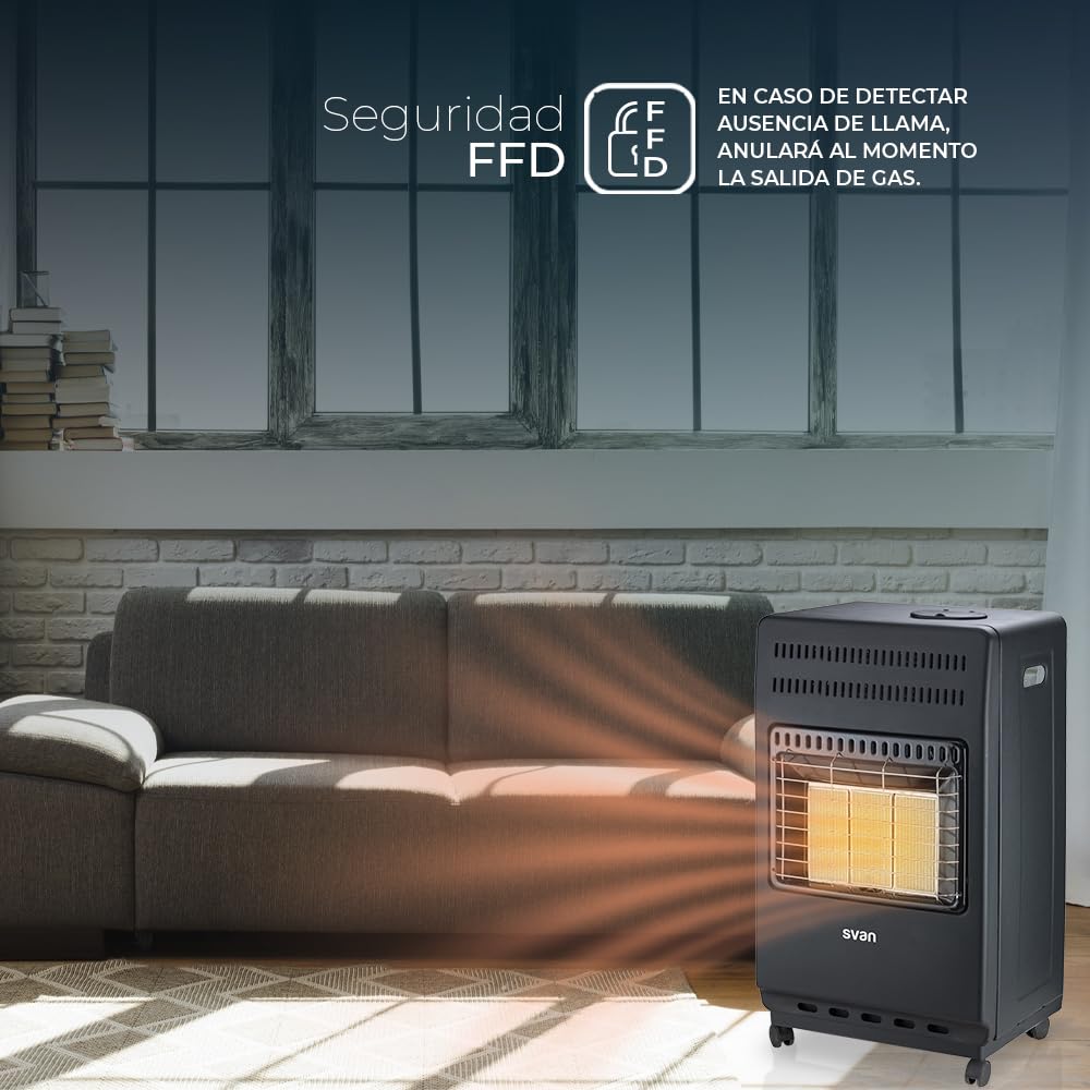 Svan Estufa Catalítica de Gas 4200 W Negro. SVCA34CAT, Calefacción por plato cerámico, Sensor antivuelco, Apto para Butano/Propano/LPG