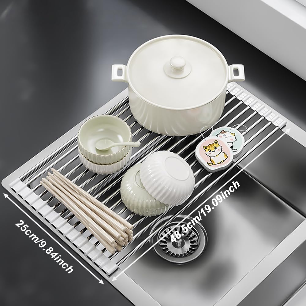 Roll Up Dish Drying Rack Over Sink Drying Rack Sink Cover Kitchen Sink Accessories Multipurpose Organizer Foldable Stainless Steel Drainer (15 Rods)