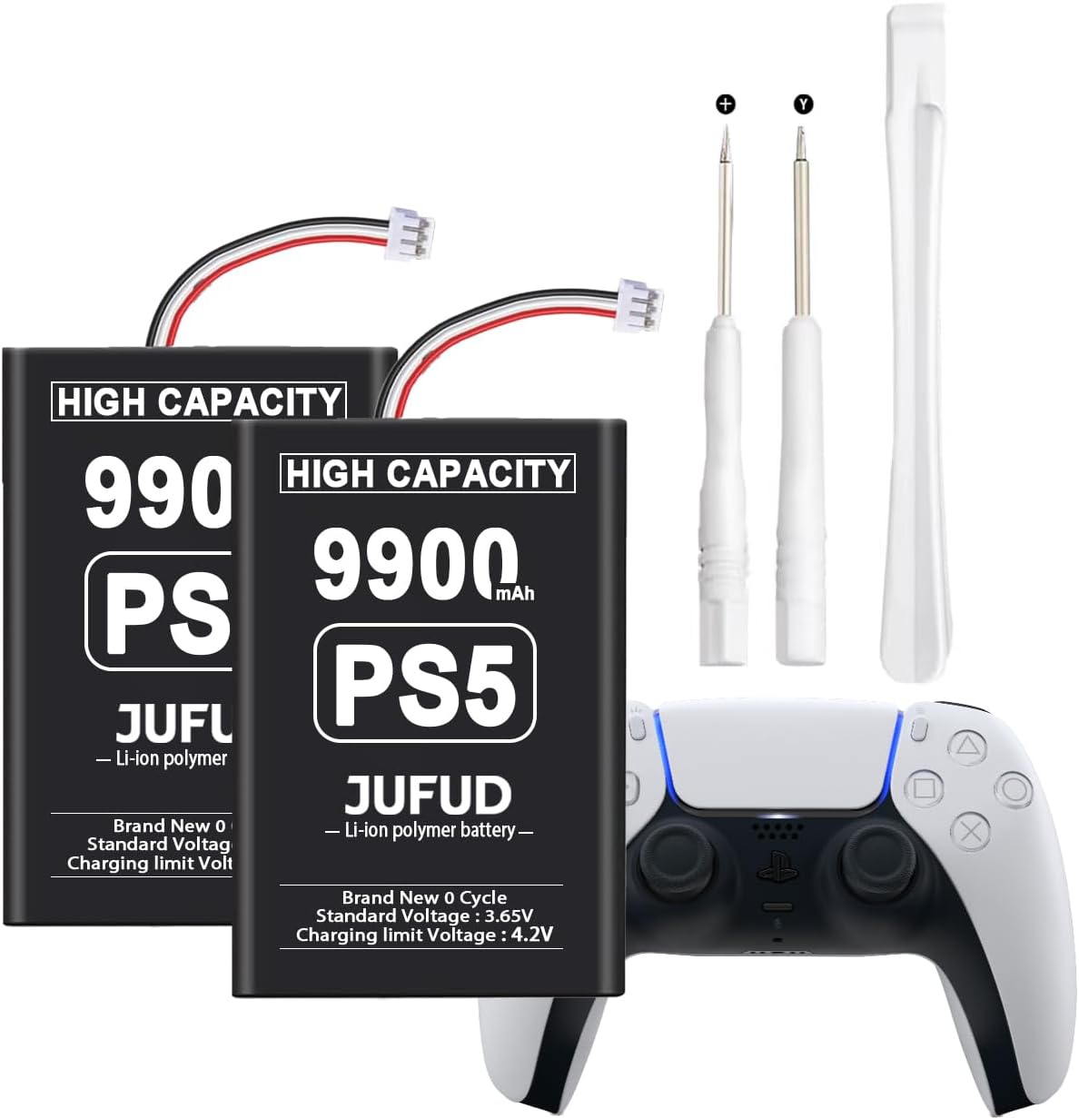Fit for PS5 Controller Battery Replacement 9900mAh 2-Pack, Rated Capacity Li-Polymer Battery for DualSense Controller CFI-ZCT1W / LIP1708, Includes Full Repair Tools