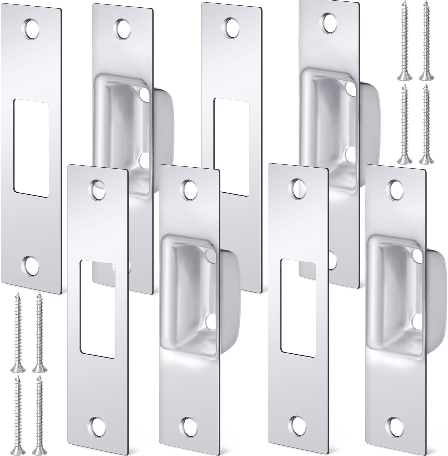 Hicarer 4 Pcs 1-1/4" x 4-7/8" Mortise Lock Strike Plate Door Universal Security Deadbolt Strike Plate and Box, Chrome Plated