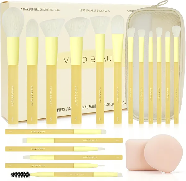 Yellow Make Up Brush Set – 18PCS Makeup Brushes for Powder, Foundation, Eyeshadow – With Rubber Coated Handles, Painted Aluminum Ferrules, Travel Bag & 2 Makeup Sponges– For Women & Beginners