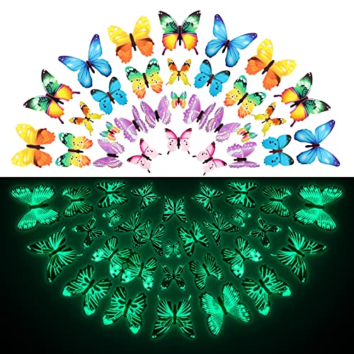 96 Pieces Butterfly Wall Decals Glow in The Dark Butterflies Decor for Ceiling Adhesive Removable 3D Luminous Mural Stickers for Kid Bedroom Nursery Living Room Home Garden Decoration, Multi Colors