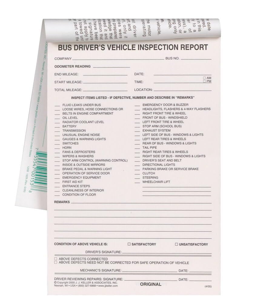 Bus Driver's Vehicle Inspection Report 10-pk. - Book Format with 31 Sets, 2-Ply Carbonless, 5.5" x 8.125" - Meet FMCSR Requirements - J. J. Keller &