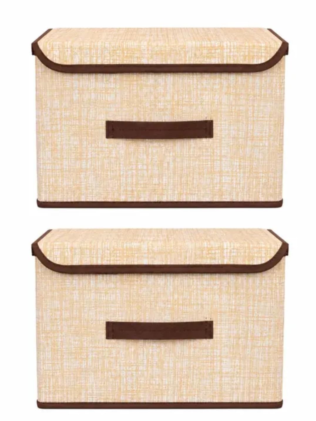 foldable storage boxes with lid, beige linen, set of 2 | collapsible design, with handle, closet organiser, dust-proof lid, home storage