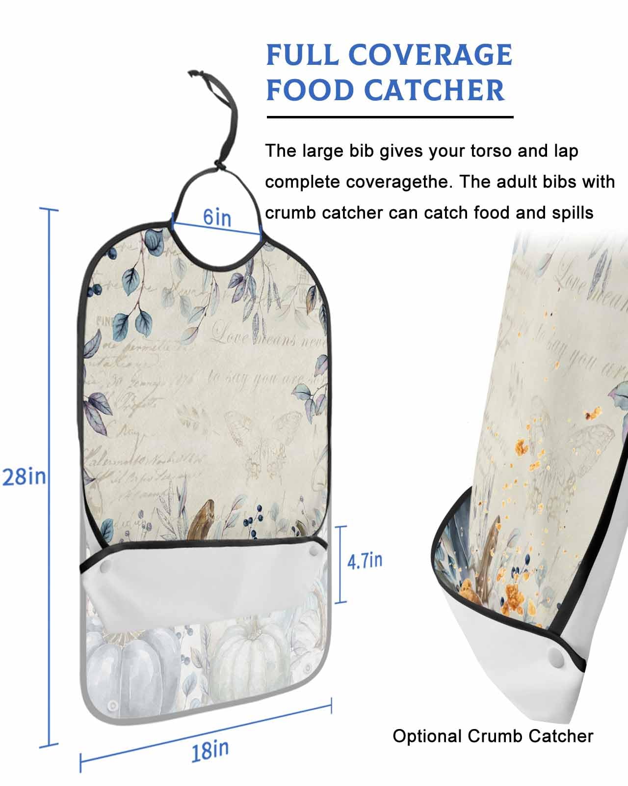 LEOKOTI Blue White Pumpkins Fall Adult Bibs for Eating, Waterproof Bibs with Food Catcher & Adjustable Snap Closure, Retro Maple Leaf Thanksgiving Washable Clothing Protectors Adult Bibs for Elderly