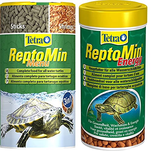 Tetra ReptoMin Menu Schildkröten-Futter: 3in1 Mit Pellets, Krill und Shrimps für Wasserschildkröten, 250 ml Dose & ReptoMin Energy, 250 ml Dose