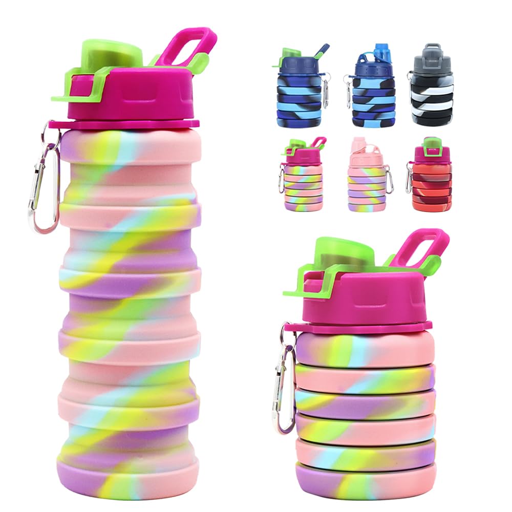 WATMHHJQ Silicone Collapsible Water Bottles, 16oz 500ml Portable Foldable Expandable Water Bottle Sports Cups, Leak Proof Reusable BPA Free, for