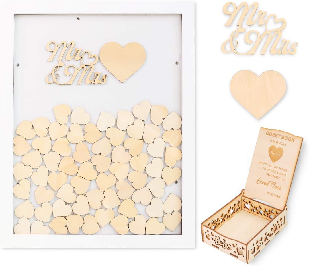 Creawoo Wooden Guest Book Frame Wedding Drop Box (Detachable Back) with 100 Blank Hearts and Free Guest Sign Box for Wedding Gifts Friends Present (White Color)
