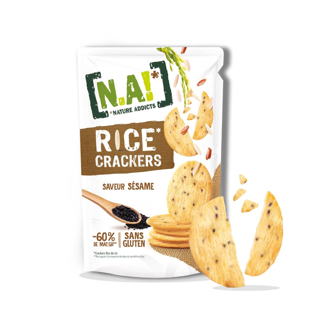 N.A! Nature Addicts - Rice Crackers Sésame - 12 Sachets de 85 gr- Crackers Fins de Riz, Légers et Craquants - 60% de Matières Grasses en Moins que les Biscuits et Chips Apéritifs du Marché -