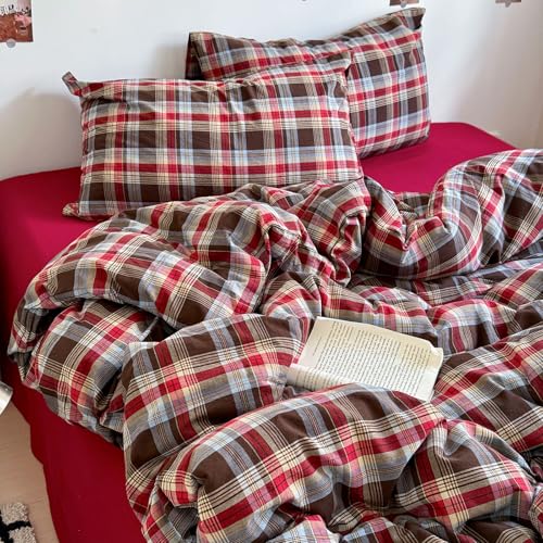Image of VM VOUGEMARKET Red Brown Plaid Duvet Cover Set King,3 Pieces Washed Cotton Bedding Set,Breathable Luxury Checkered Duvet Cover with 2 Pillowcases