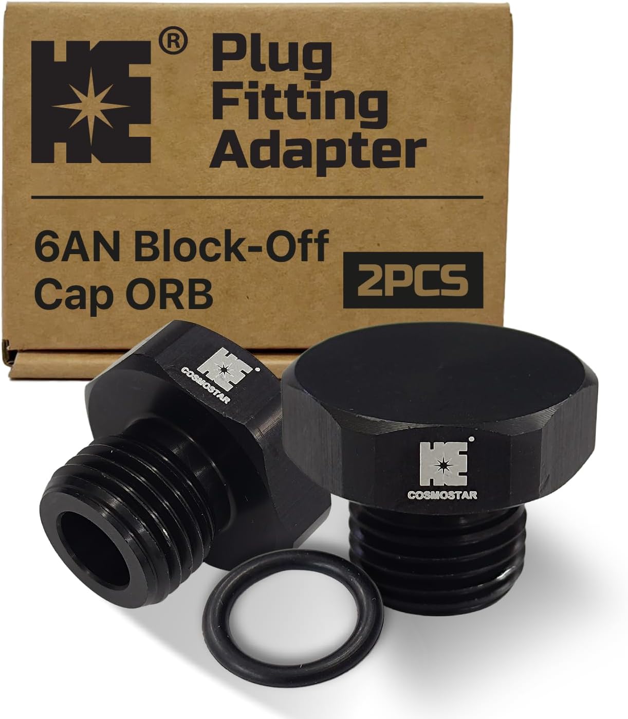 Cosmostar 6AN Block-Off Cap ORB Plug Fitting Adapter – Aluminum Alloy, 9/16-18 UNF Thread, O-Ring Seal, 1500 psi Working Pressure – 2-Pack (Includes 4 O-Rings)