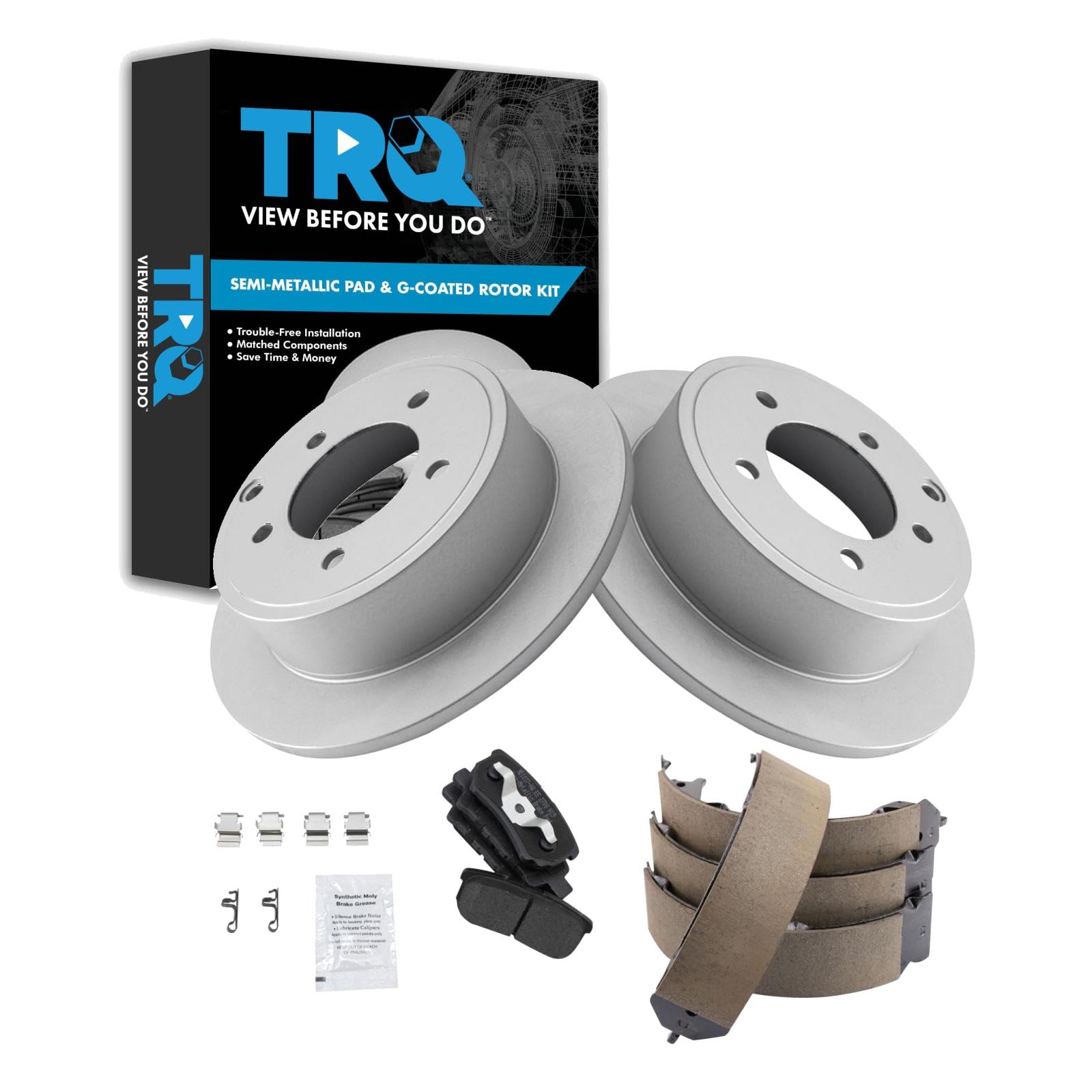 TRQ Rear Brake Pad and Rotor Set Semi Metallic G Coated Rotors Parking Shoe Compatible with 2014 Dodge Avenger