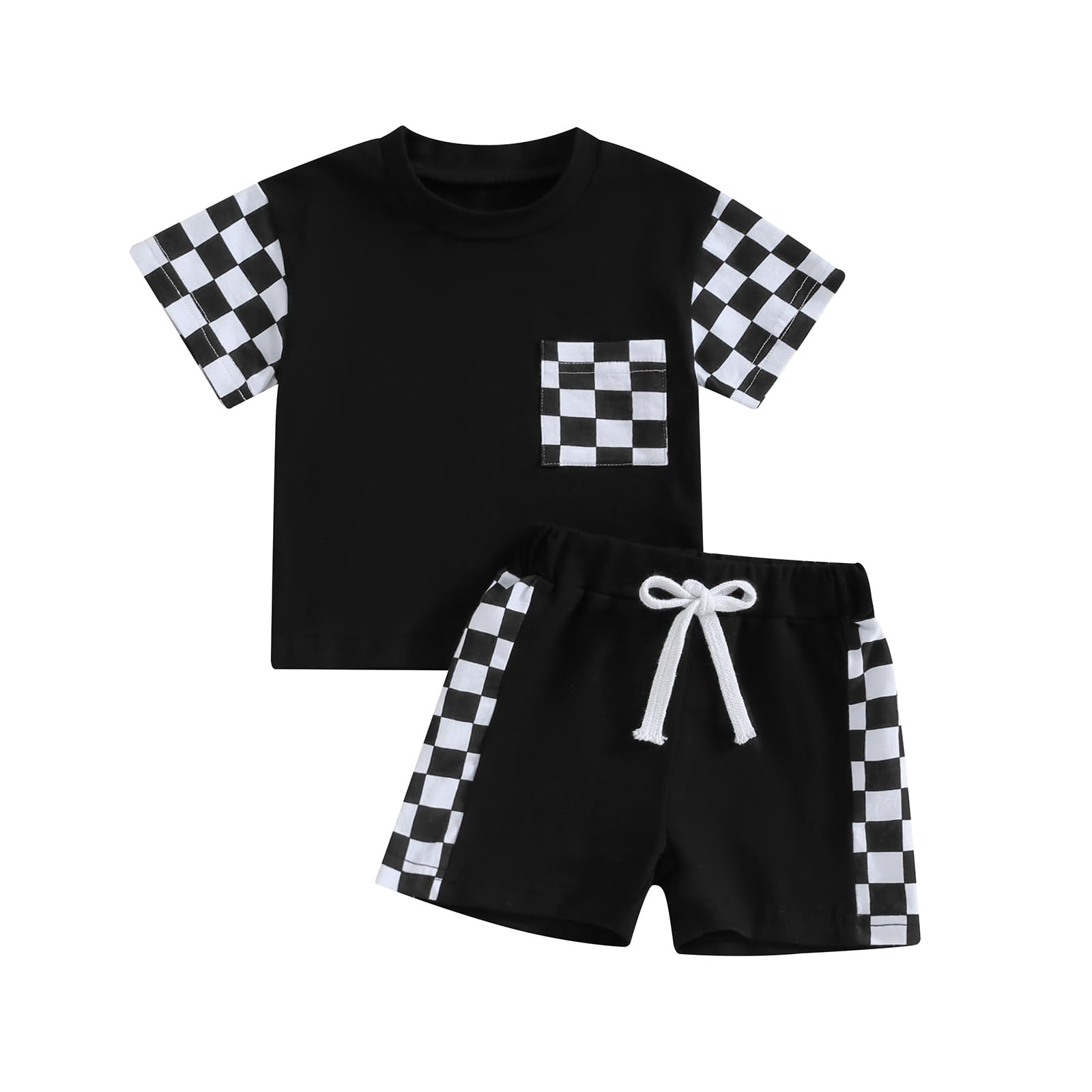 Sejardin Toddler Baby Boy Summer Clothes Plaid Patchwork Short Sleeve T Shirt Tops and Stretch Shorts Infant Boy Outfit