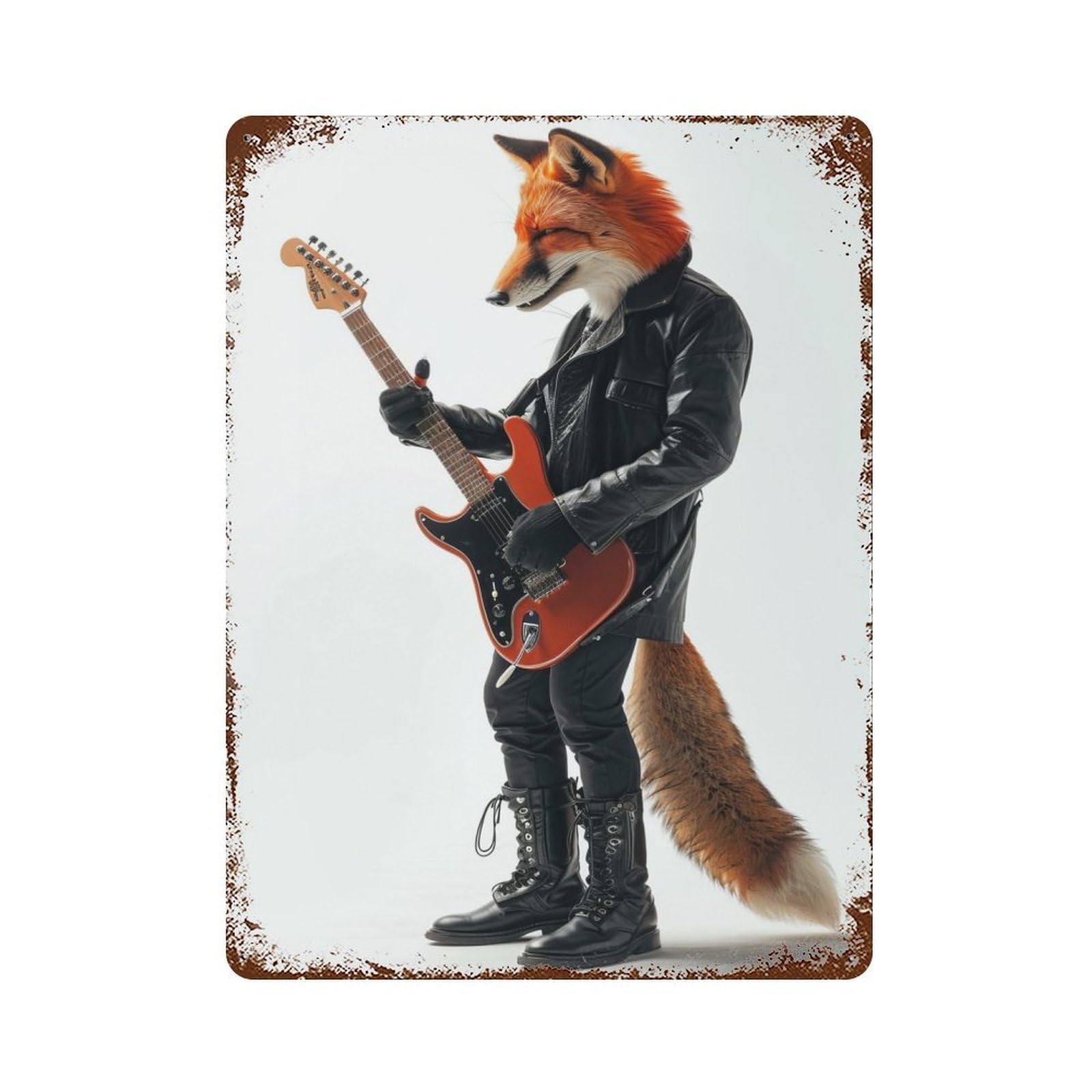 Weathered Tin Sign with Fox Guitar Design 15.7"x11.8", for Basement, Hobby Room And Garage Decor, Industrial Home Decor