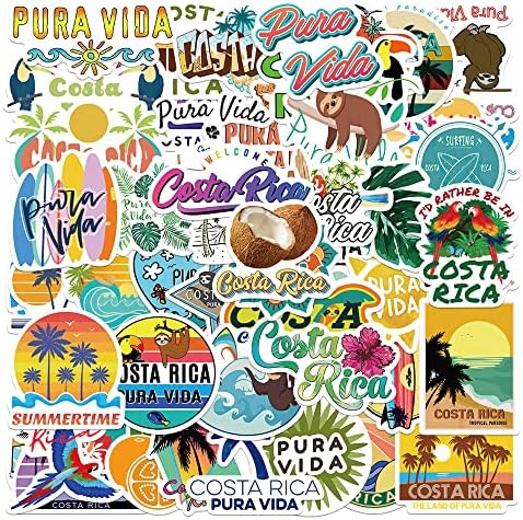 50 Pcs Vinyl Costa Rica Stickers Waterproof Costa Rica Pura Vida Sticker Pack for Water Bottle Hydro Flask Laptop Skateboard Luggage Bike Car Helmet