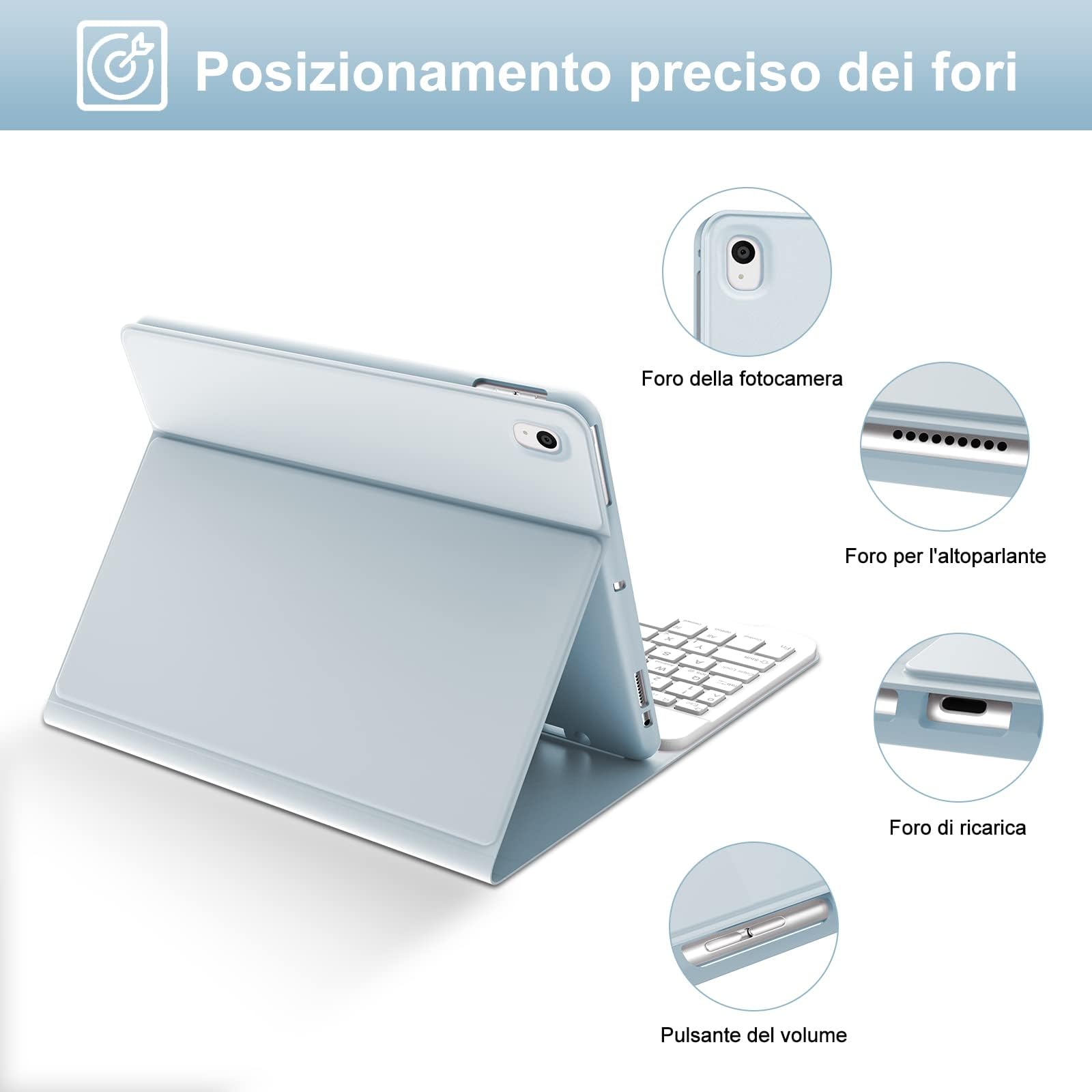 Tastiera per iPad 9/8/7 Generazione 10.2 Pollici/Pro 10.5/iPad Air 3 10.5" | Cover Keyboard Magnetico Staccabile, Italiano QWERTY, Custodia Tastiera Senza Fili Bluetooth con Portapenna, Blu chiaro